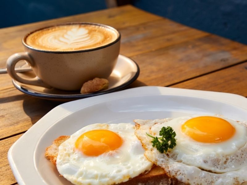 Eggs on toast with a cappuccino