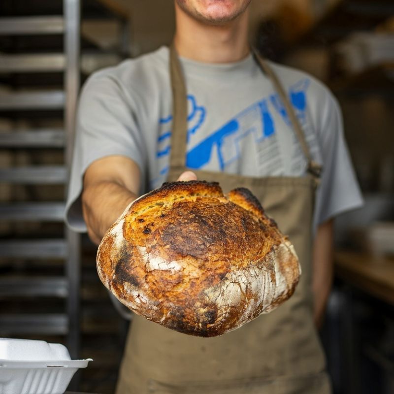 Baker holding a freshly baked loaf at Gansbaai Bakhuis